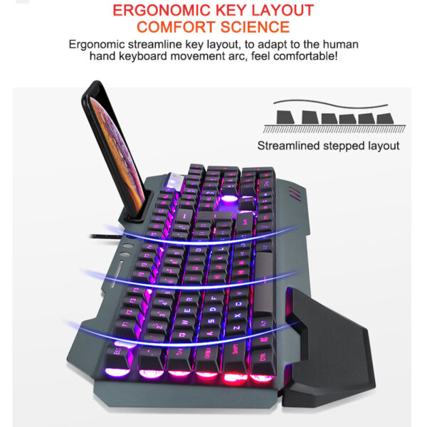 ErgonomicWired Gaming Keyboard with RGB Backlight Phone Holder - Image 5