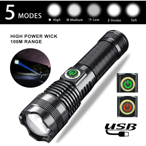 P50 Strong Light Zoom Flashlight Battery Display Usb Rechargeable Outdoor Lighting Strong Light Flashlight - Image 2