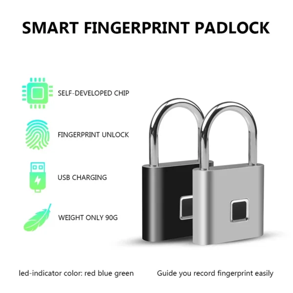 Keyless USB Charging Door Lock Fingerprint Smart Padlock Quickly Unlock Zinc Alloy Metal Self-imaging Chip 10 Fingerprints - Image 3